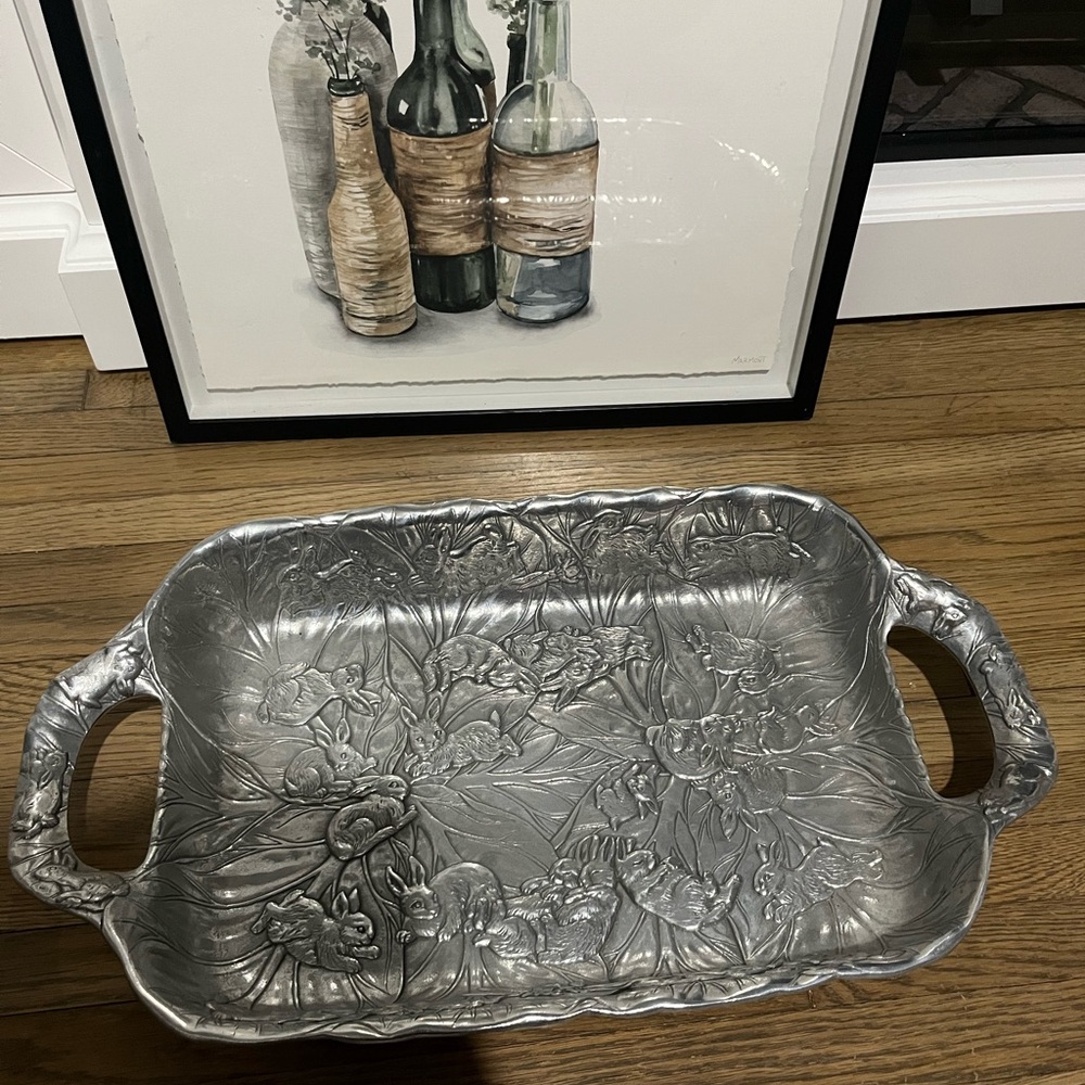 Arthur Court 1990 Rabbit Bunny Large Platter Elegant Silver Floral Serving Tray